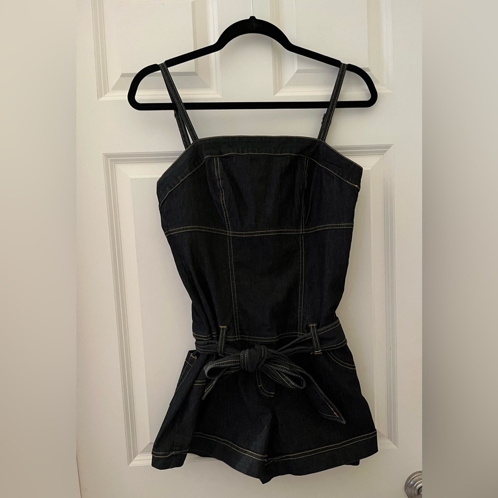 Bisou Bisou dark denim romper removable belt adjustable shoulder straps size M